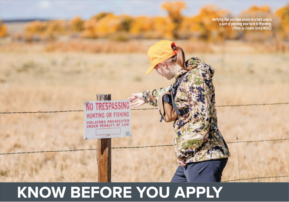 A hunter looking at a "No Trespassing" sign on a fence line with the text "Know Before You Apply" at the bottom.