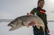 Man holding fish caught while ice fishing on Flaming Gorge Reservoir