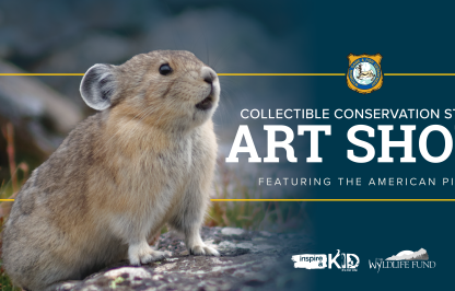 A pika featured next to the Game and Fish shield with white text that says, "Collectible Conservation Stamp Art Show - Featuring the American Pika"