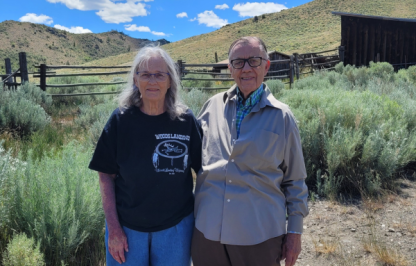 A portrait of Patricia and Fred Hansen on the Hansen Ranch in the Laramie Region.